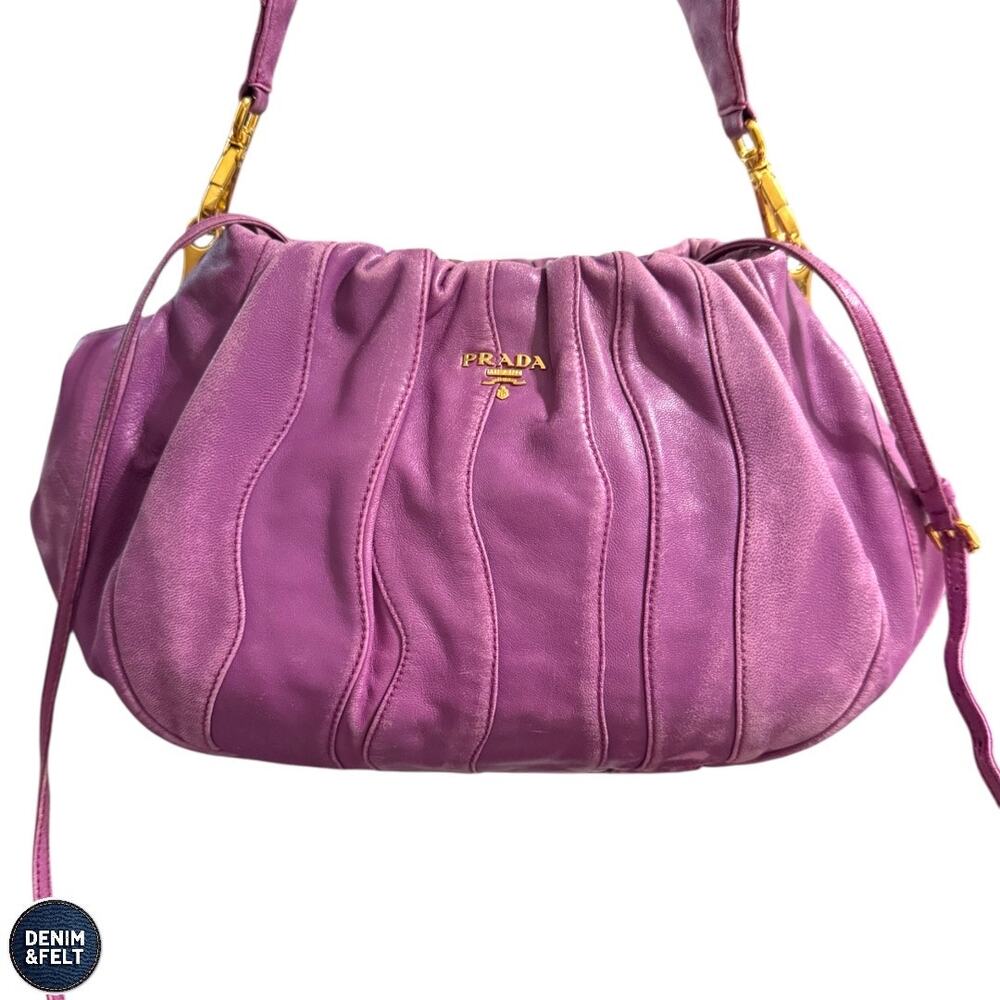 Prada‎ Purple Leather Pleated Shoulder Bag Gold Hardware Slouchy Hobo Purse Luxe - Picture 3 of 16